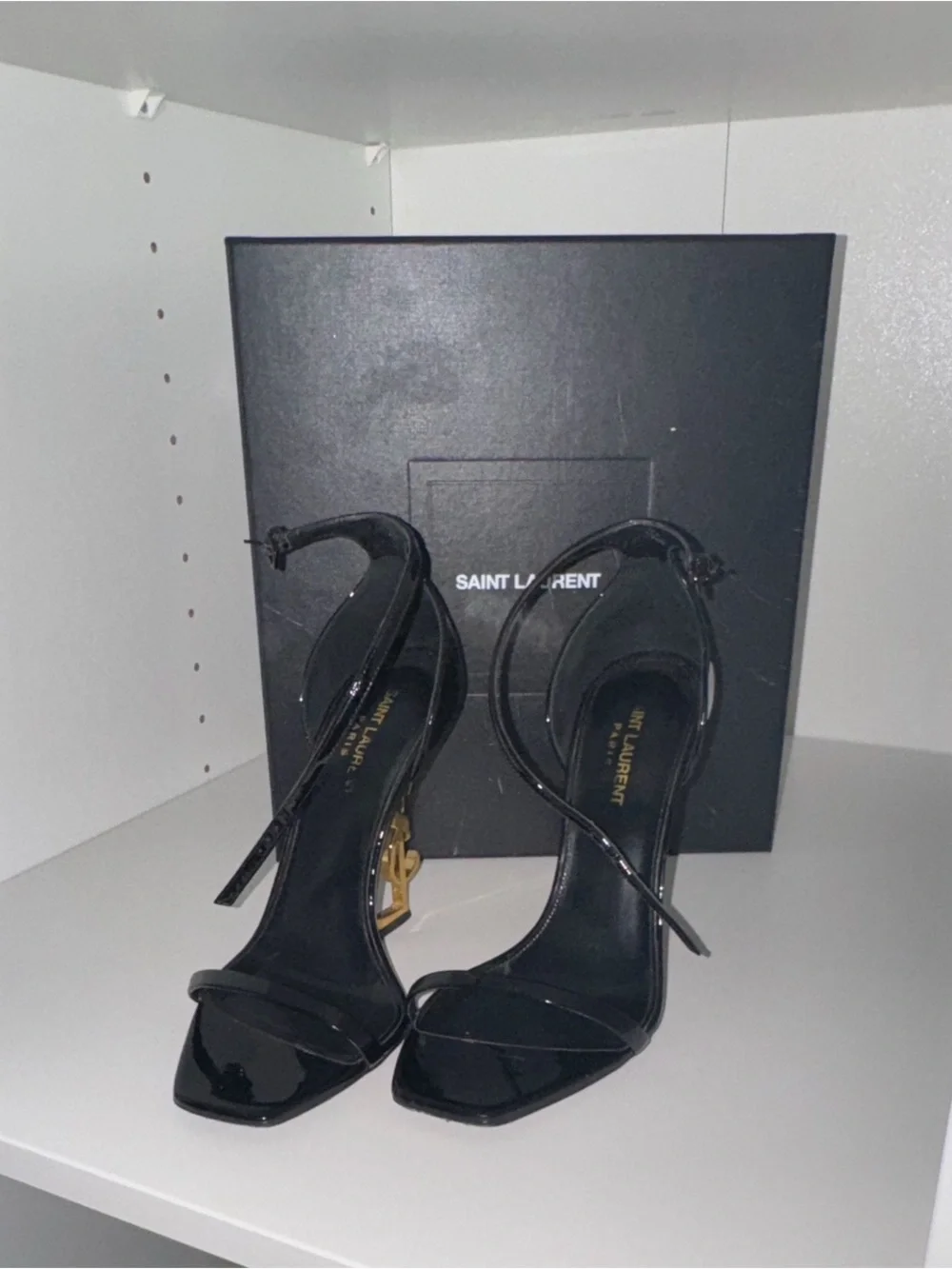 Saint Laurent Black Patent Leather Stiletto Sandals with Gold Accent - Picture 1 of 9